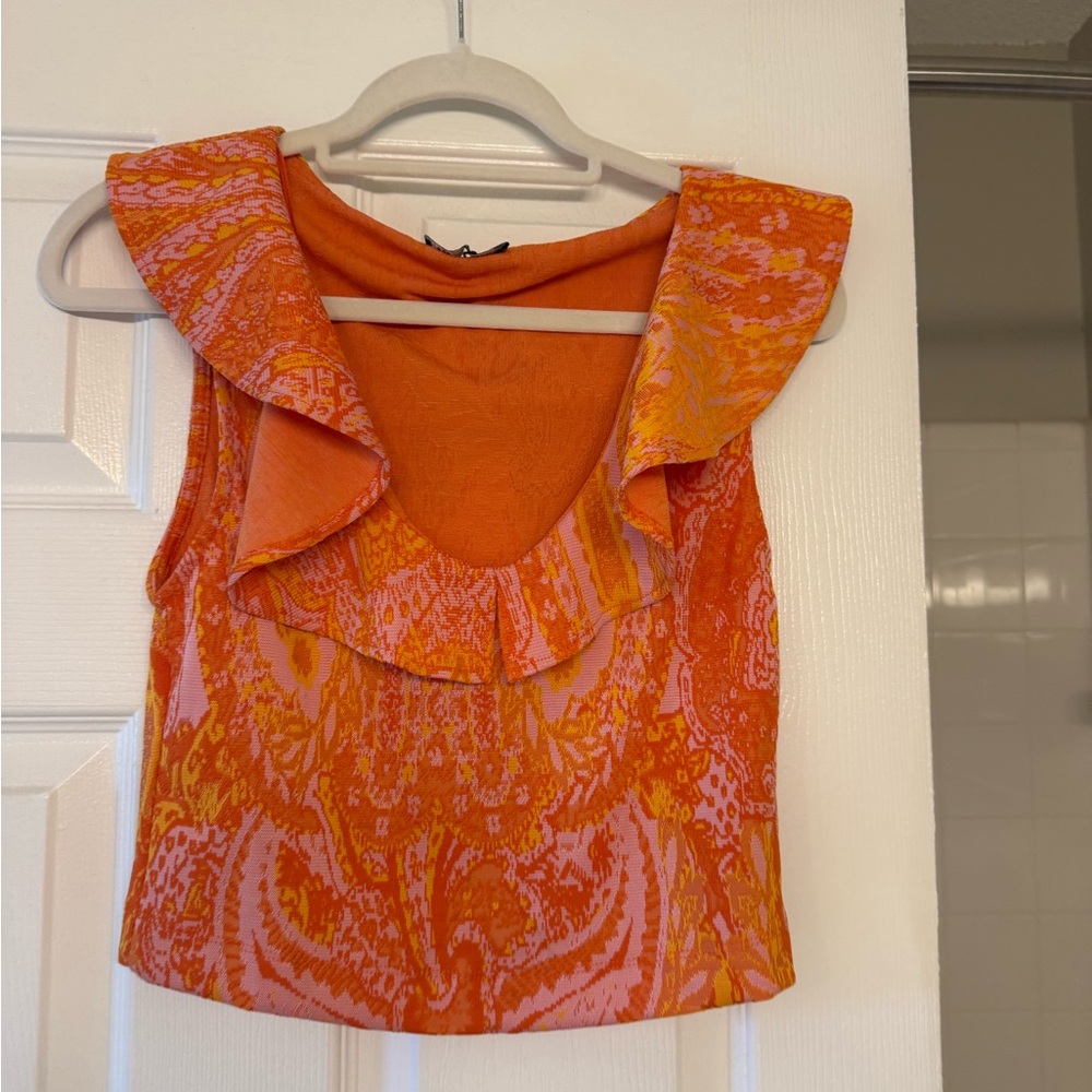 Zara Orange and Pink Ruffle Blouse